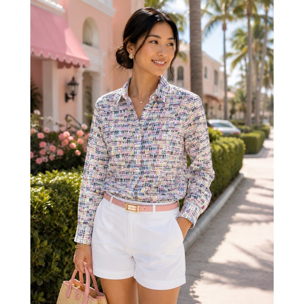 Eterna Women's Novelty Shoe Print Button Down Shirt EU 36 US 6 Preppy Cotton - Picture 2 of 9